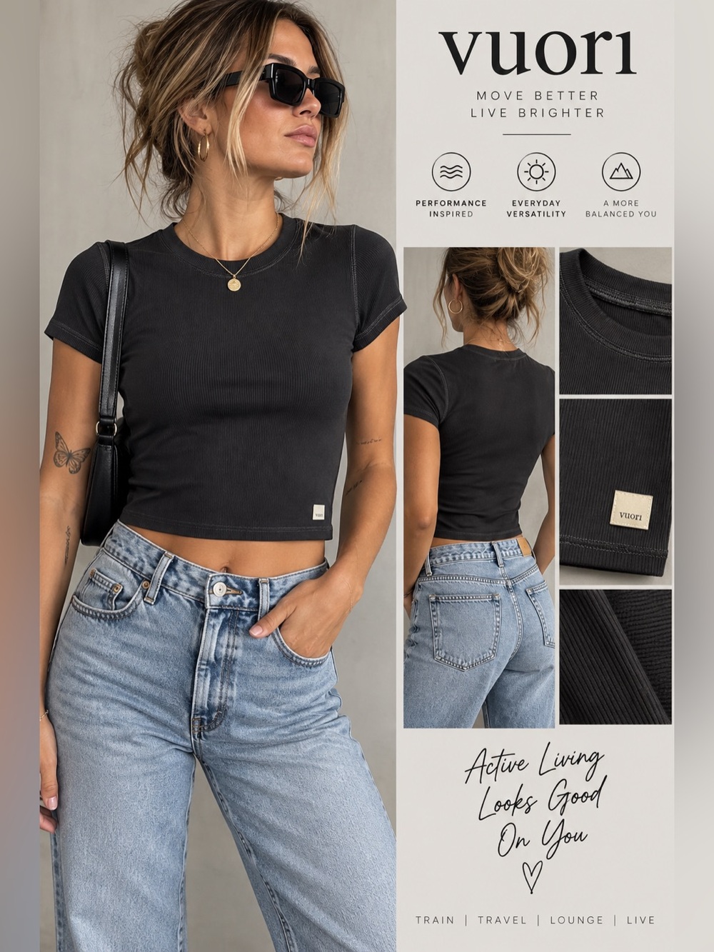 Vuori Black Ribbed Cropped Baby Tee Short Sleeve Crewneck Women’s XS/S